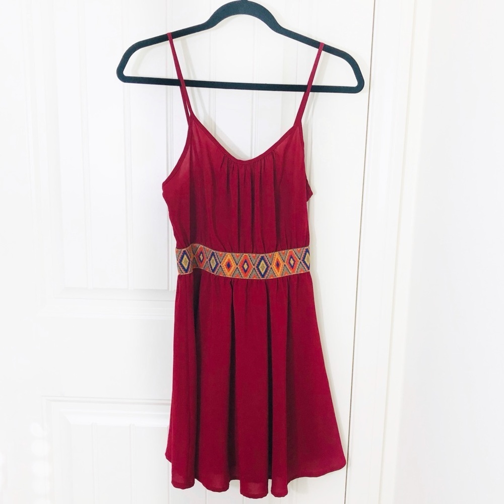 Easel Red Mini Dress with Aztec Print Waistband S
